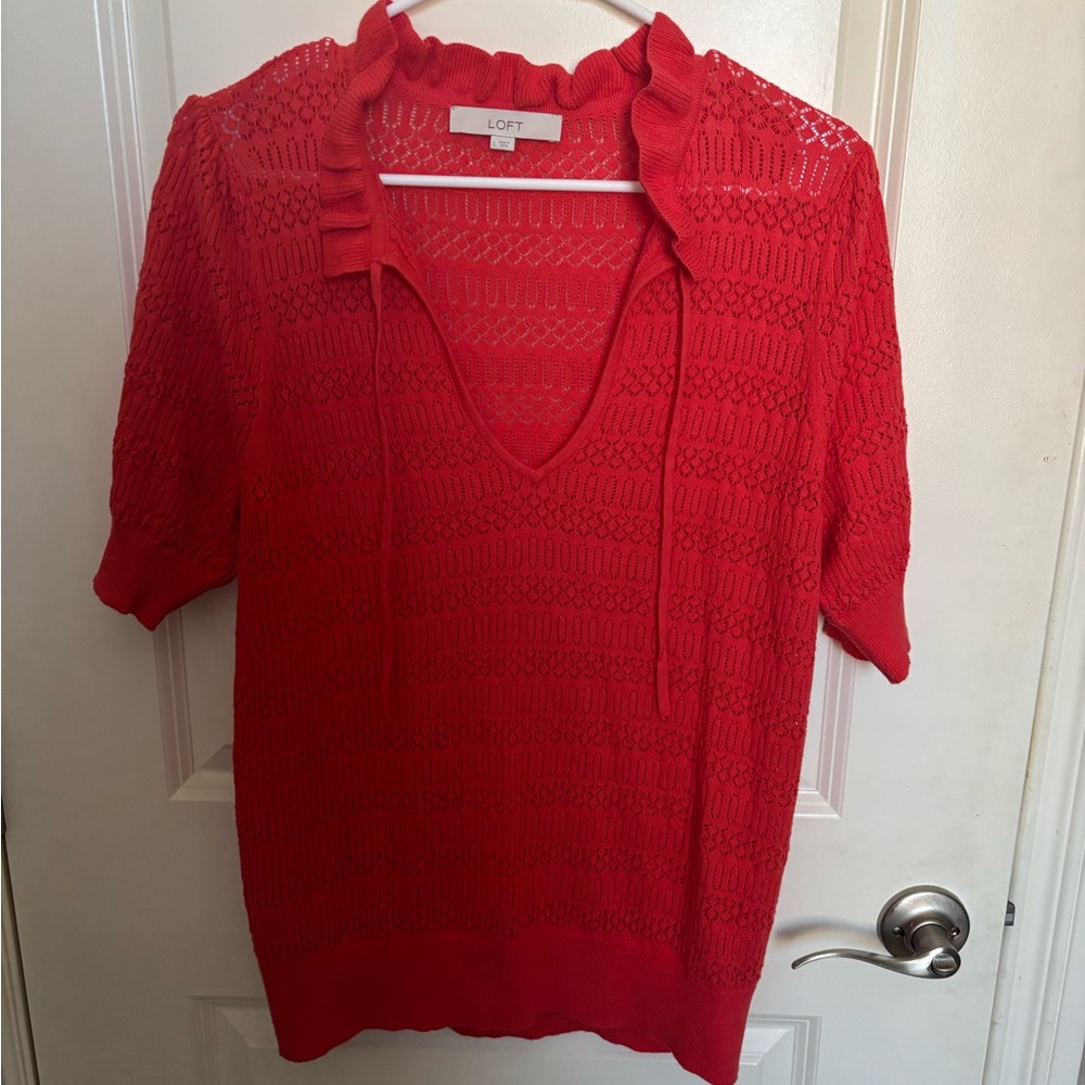 LOFT Vibrant Tomato Red Textured Short Sleeve Sweater